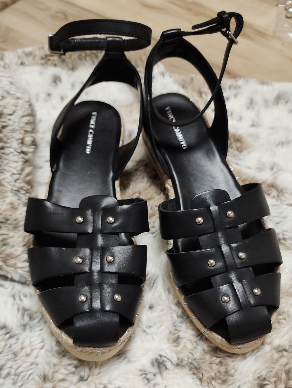 NWOT Vince Camuto Black Leather Gladiator Espadrille Ankle-Strap Sandals 9.5
